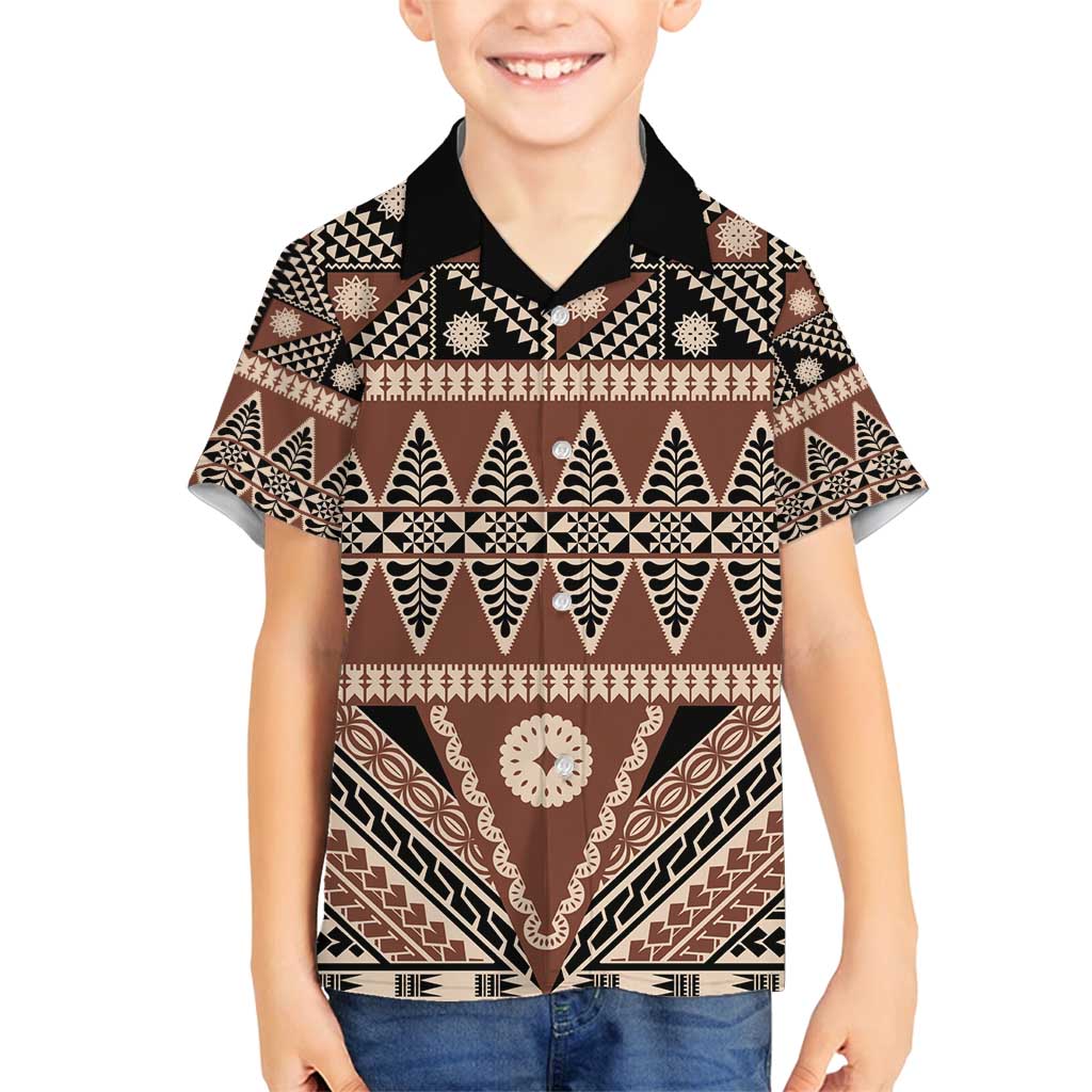 Vintage Bula Fiji Family Matching Off Shoulder Maxi Dress and Hawaiian Shirt Brown Tapa Masi Motif