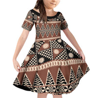 Vintage Bula Fiji Family Matching Off Shoulder Short Dress and Hawaiian Shirt Brown Tapa Masi Motif