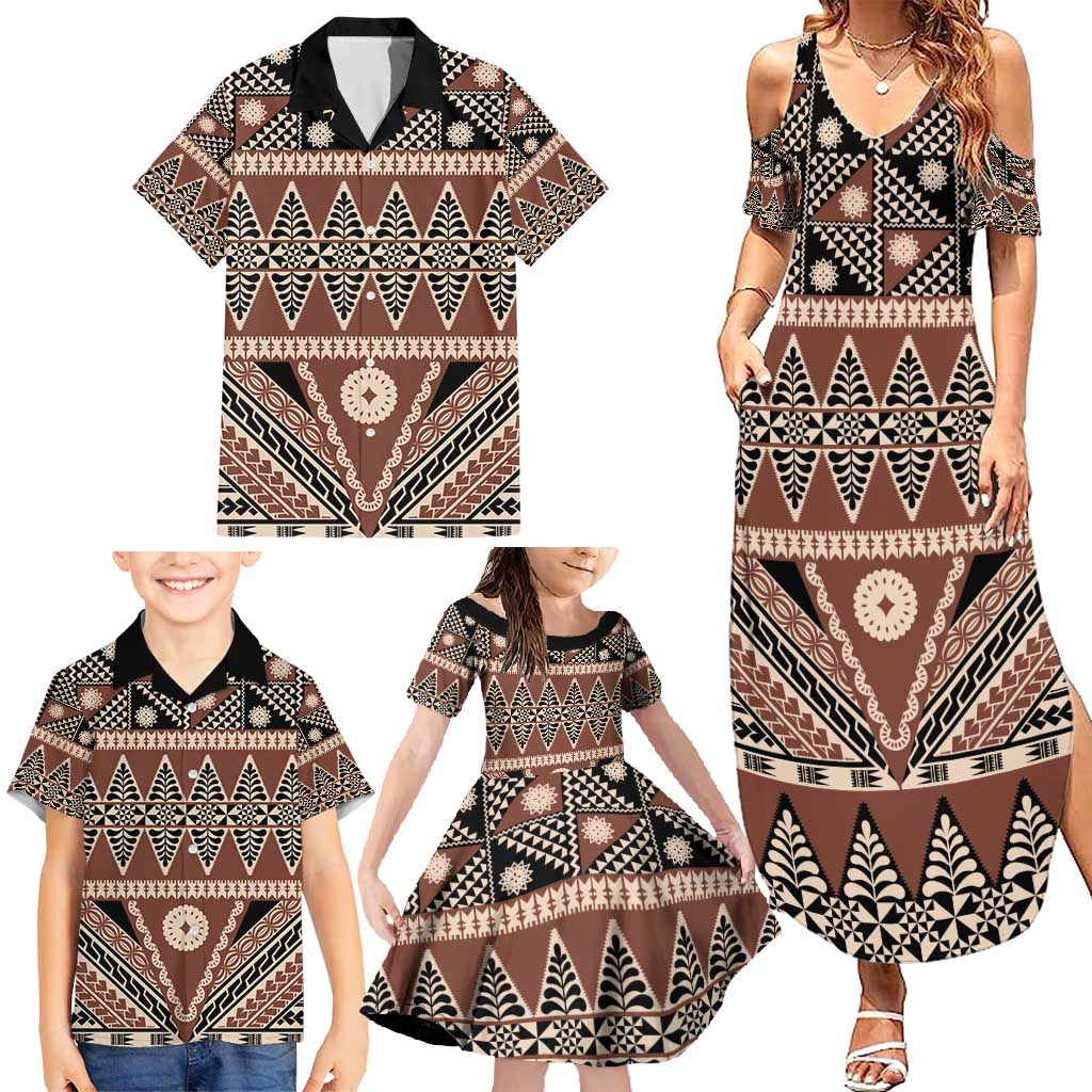 Vintage Bula Fiji Family Matching Summer Maxi Dress and Hawaiian Shirt Brown Tapa Masi Motif