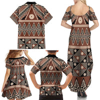 Vintage Bula Fiji Family Matching Summer Maxi Dress and Hawaiian Shirt Brown Tapa Masi Motif