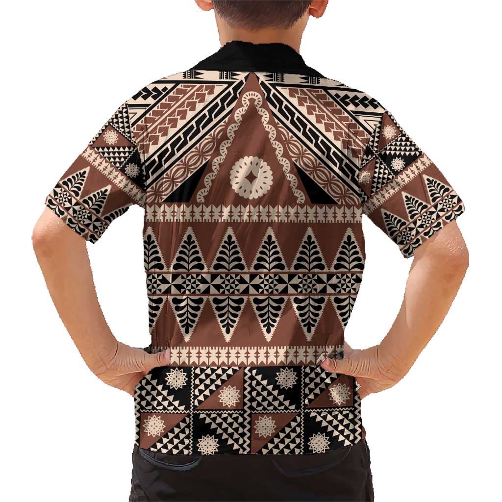 Vintage Bula Fiji Kid Hawaiian Shirt Brown Tapa Masi Motif
