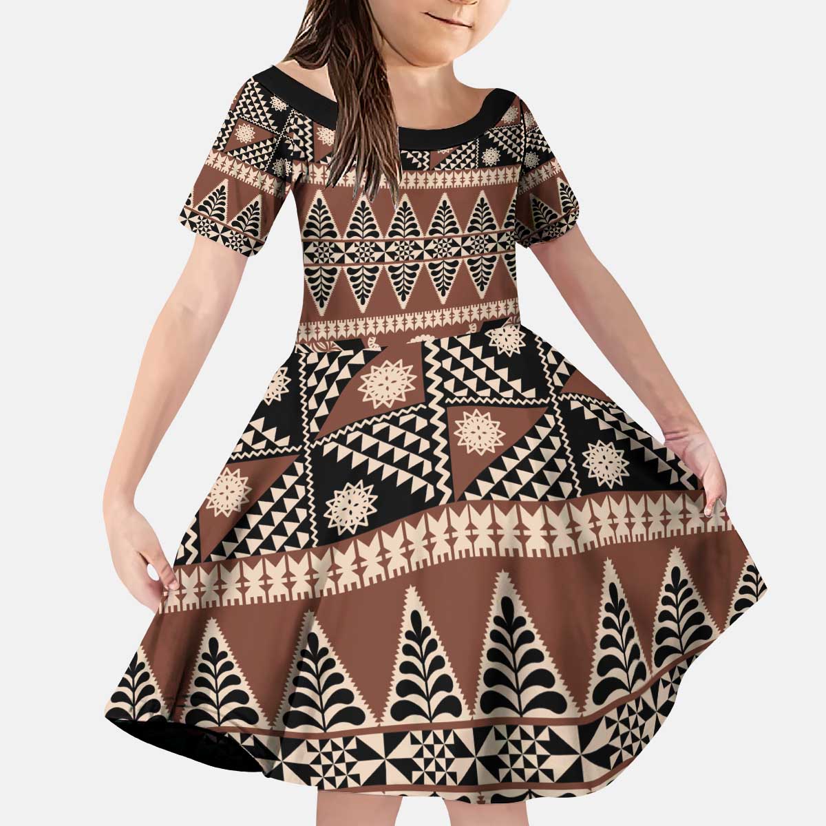 Vintage Bula Fiji Kid Short Sleeve Dress Brown Tapa Masi Motif