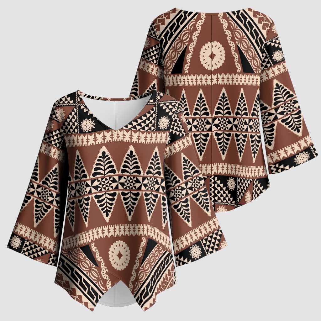 Vintage Bula Fiji Kimono Sleeve Blouse Brown Tapa Masi Motif - Polynesian Pride