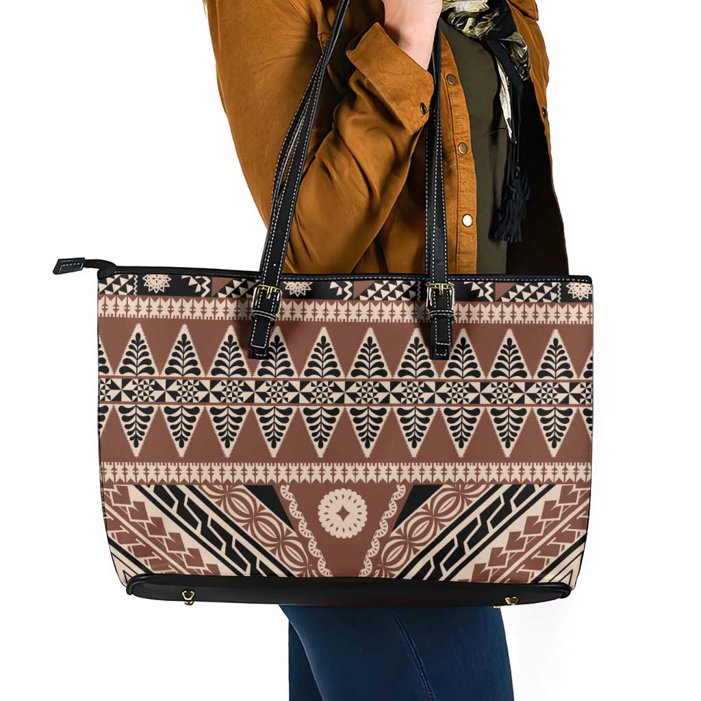 Vintage Bula Fiji Leather Tote Bag Brown Tapa Masi Motif