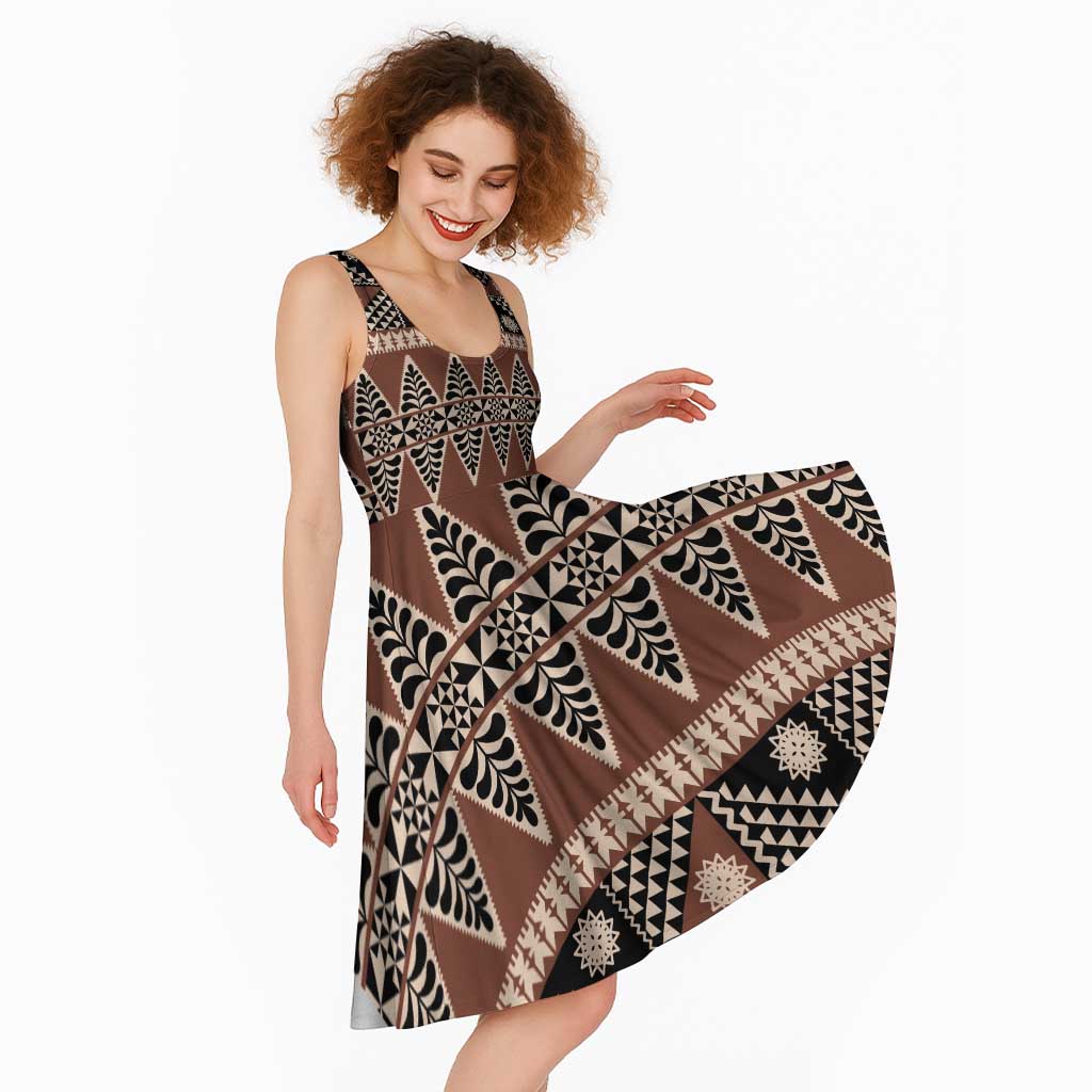 Vintage Bula Fiji Midi Dress Brown Tapa Masi Motif - Polynesian Pride