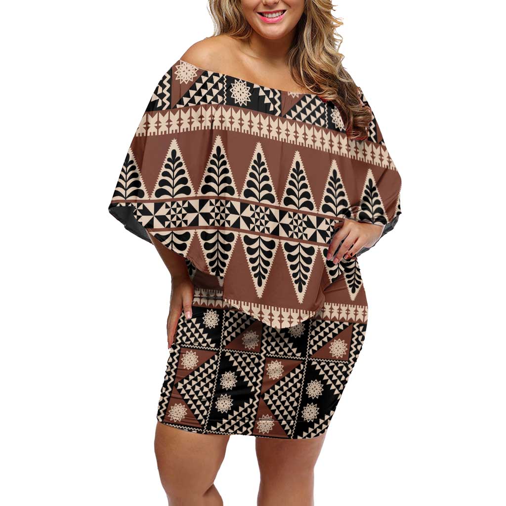 Vintage Bula Fiji Off Shoulder Short Dress Brown Tapa Masi Motif