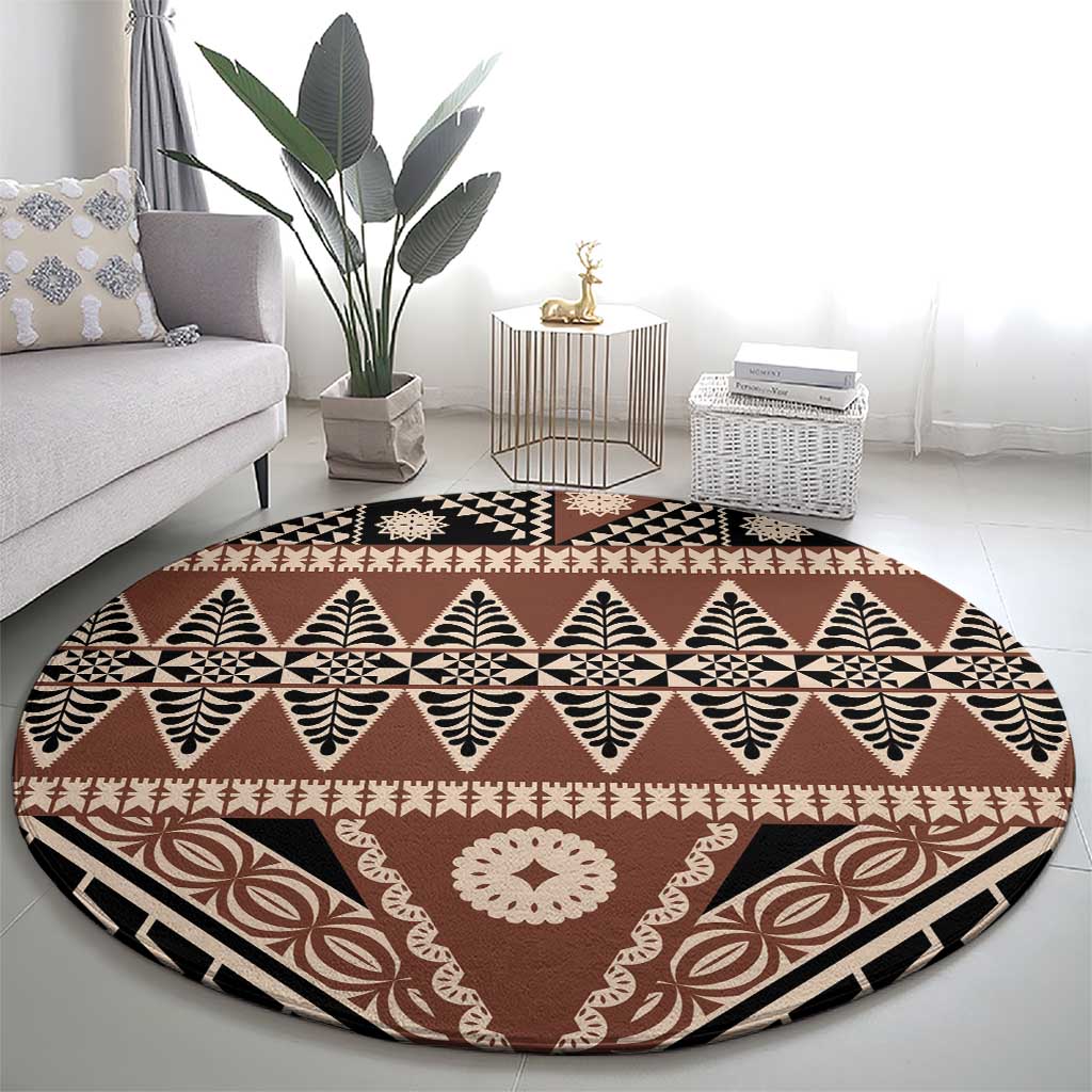 Vintage Bula Fiji Round Carpet Brown Tapa Masi Motif