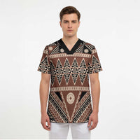 Vintage Bula Fiji Scrub Top Brown Tapa Masi Motif - Polynesian Pride