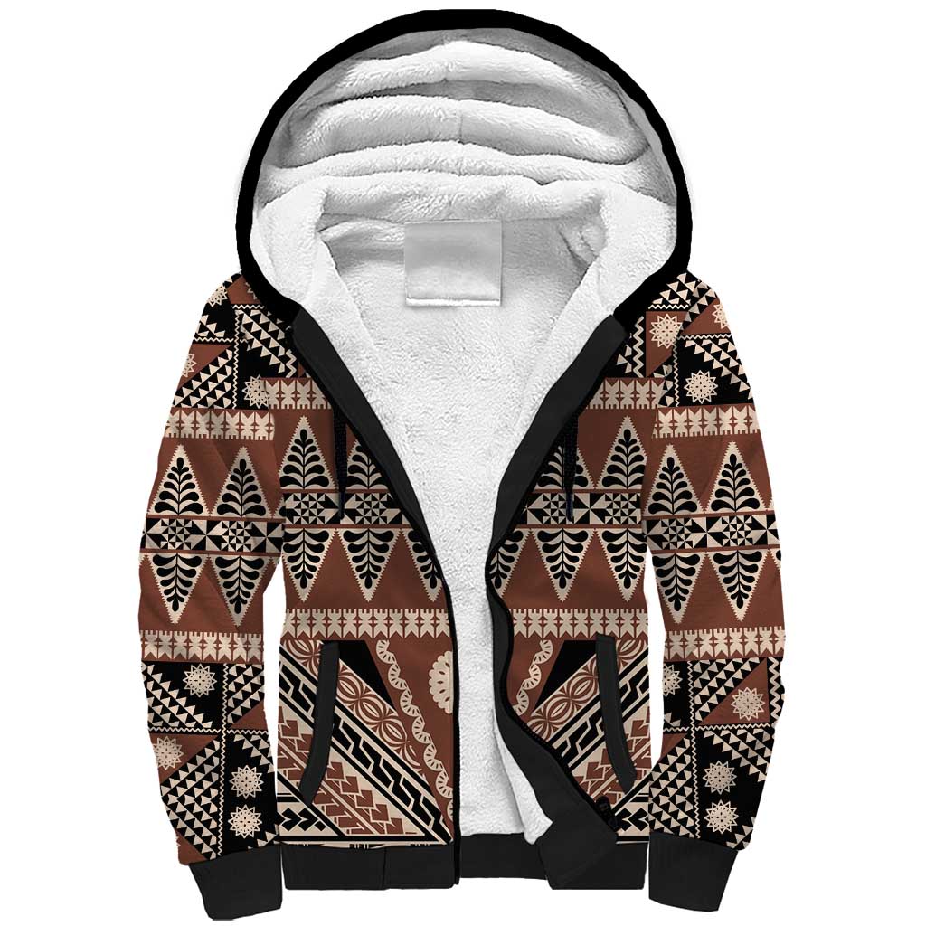 Vintage Bula Fiji Sherpa Hoodie Brown Tapa Masi Motif