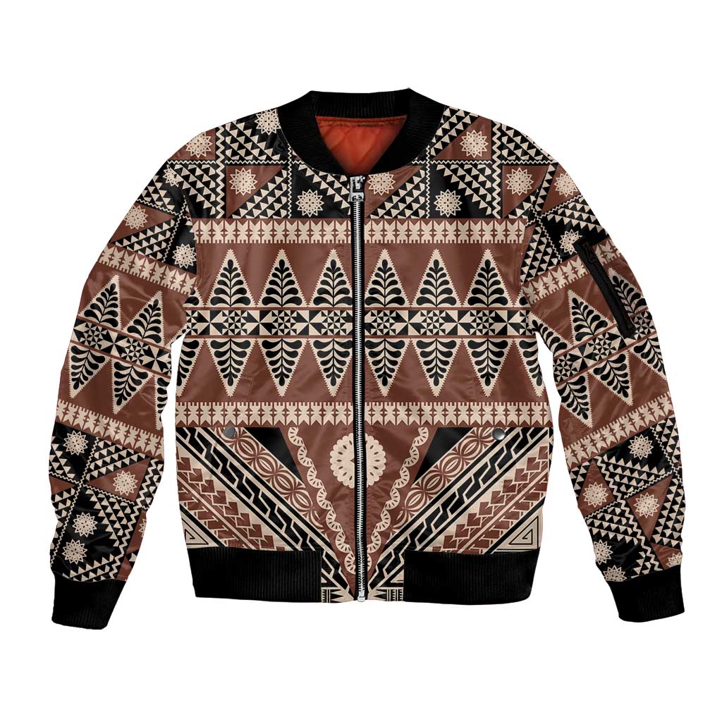 Vintage Bula Fiji Sleeve Zip Bomber Jacket Brown Tapa Masi Motif