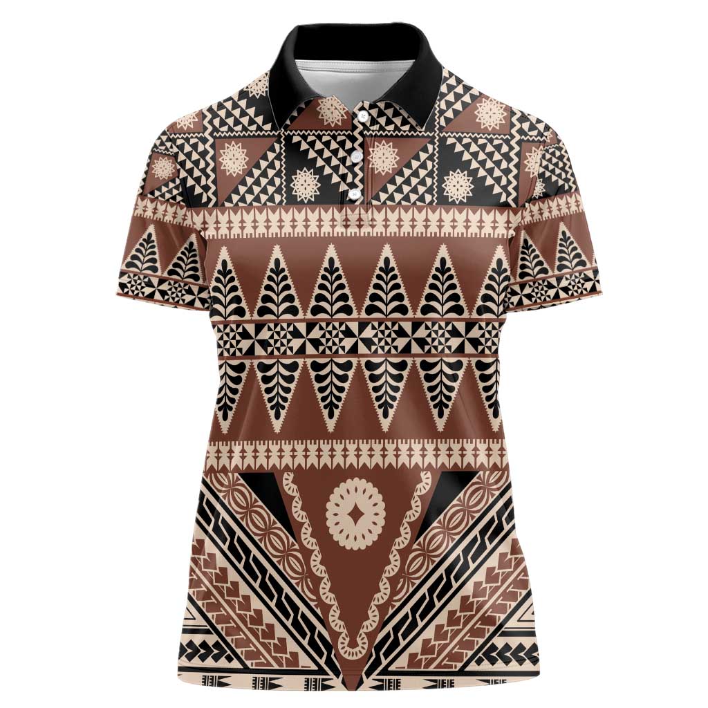 Vintage Bula Fiji Women Polo Shirt Brown Tapa Masi Motif