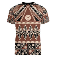 Vintage Bula Fiji Women V-Neck T-Shirt Brown Tapa Masi Motif