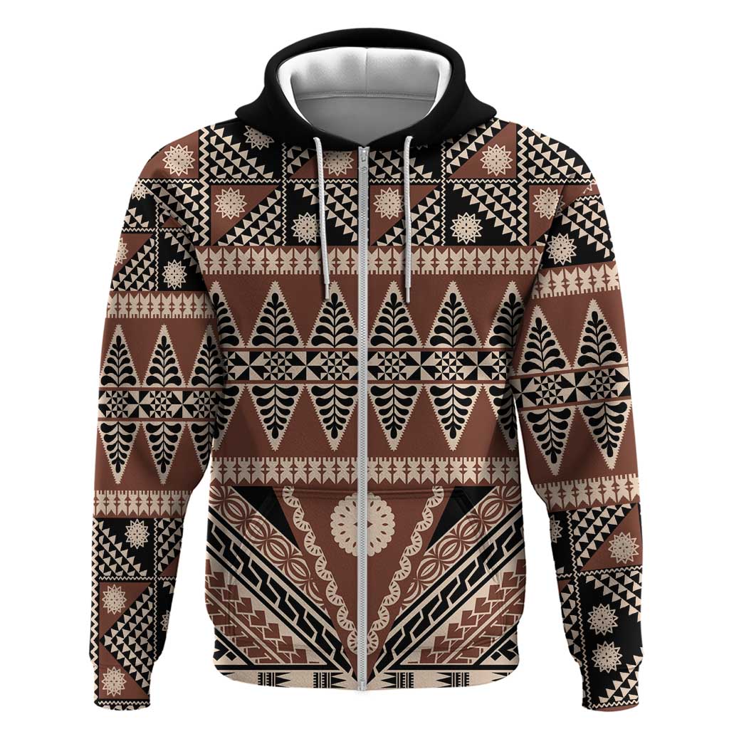 Vintage Bula Fiji Zip Hoodie Brown Tapa Masi Motif