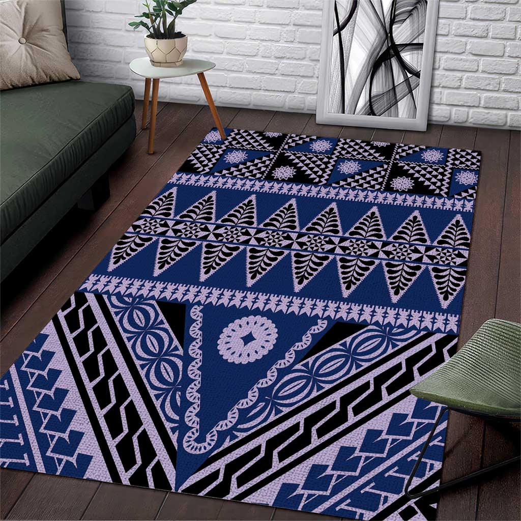 Vintage Bula Fiji Area Rug Prussian Blue Tapa Masi Motif