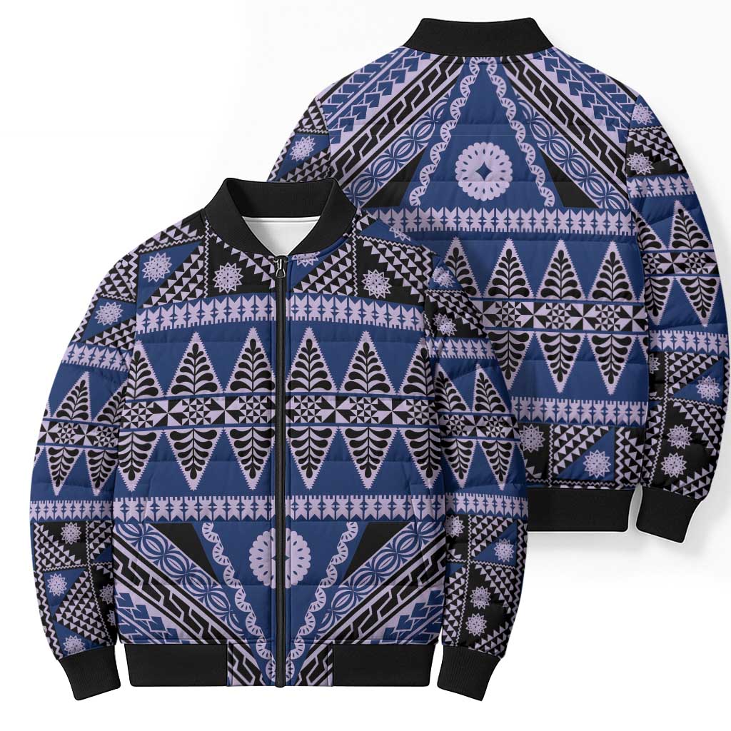 Vintage Bula Fiji Bomber Puffer Jacket Prussian Blue Tapa Masi Motif - Polynesian Pride