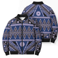 Vintage Bula Fiji Bomber Puffer Jacket Prussian Blue Tapa Masi Motif - Polynesian Pride