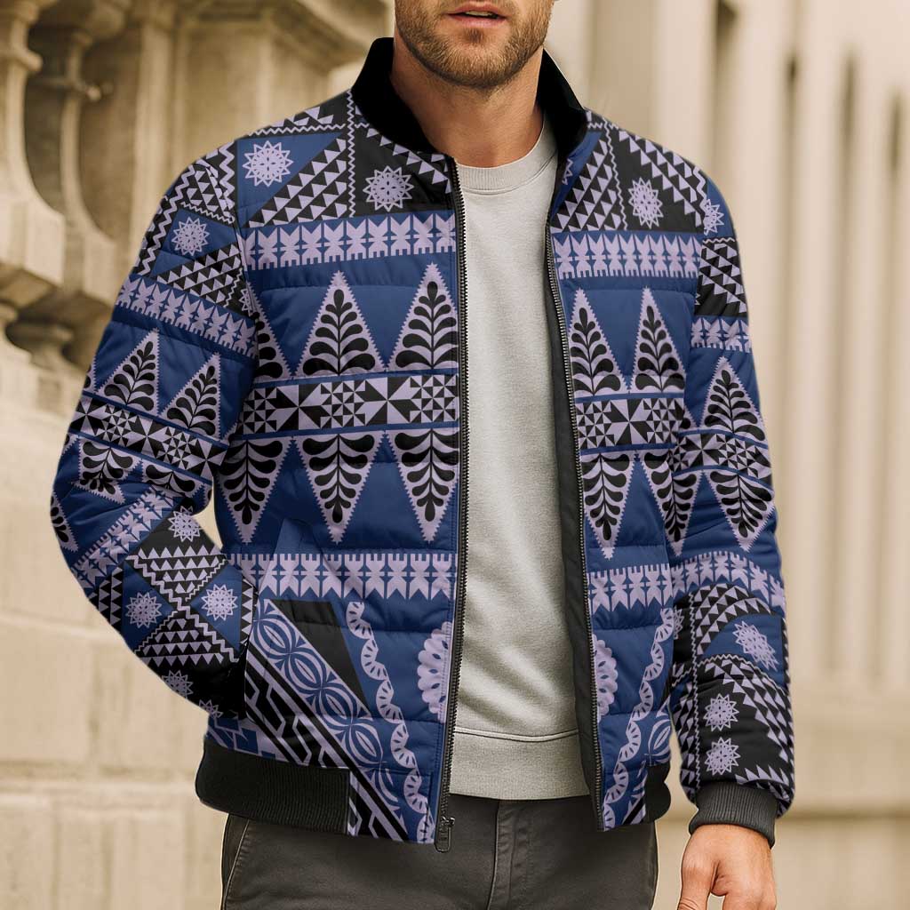 Vintage Bula Fiji Bomber Puffer Jacket Prussian Blue Tapa Masi Motif - Polynesian Pride