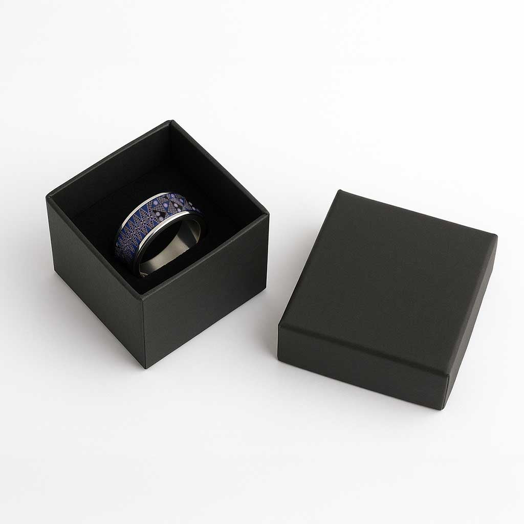 Vintage Bula Fiji Classic Ring Prussian Blue Tapa Masi Motif - Polynesian Pride