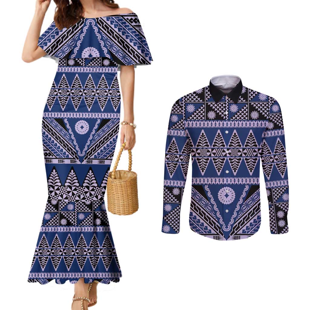 Vintage Bula Fiji Couples Matching Mermaid Dress and Long Sleeve Button Shirt Prussian Blue Tapa Masi Motif