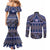 Vintage Bula Fiji Couples Matching Mermaid Dress and Long Sleeve Button Shirt Prussian Blue Tapa Masi Motif