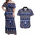 Vintage Bula Fiji Couples Matching Off Shoulder Maxi Dress and Hawaiian Shirt Prussian Blue Tapa Masi Motif