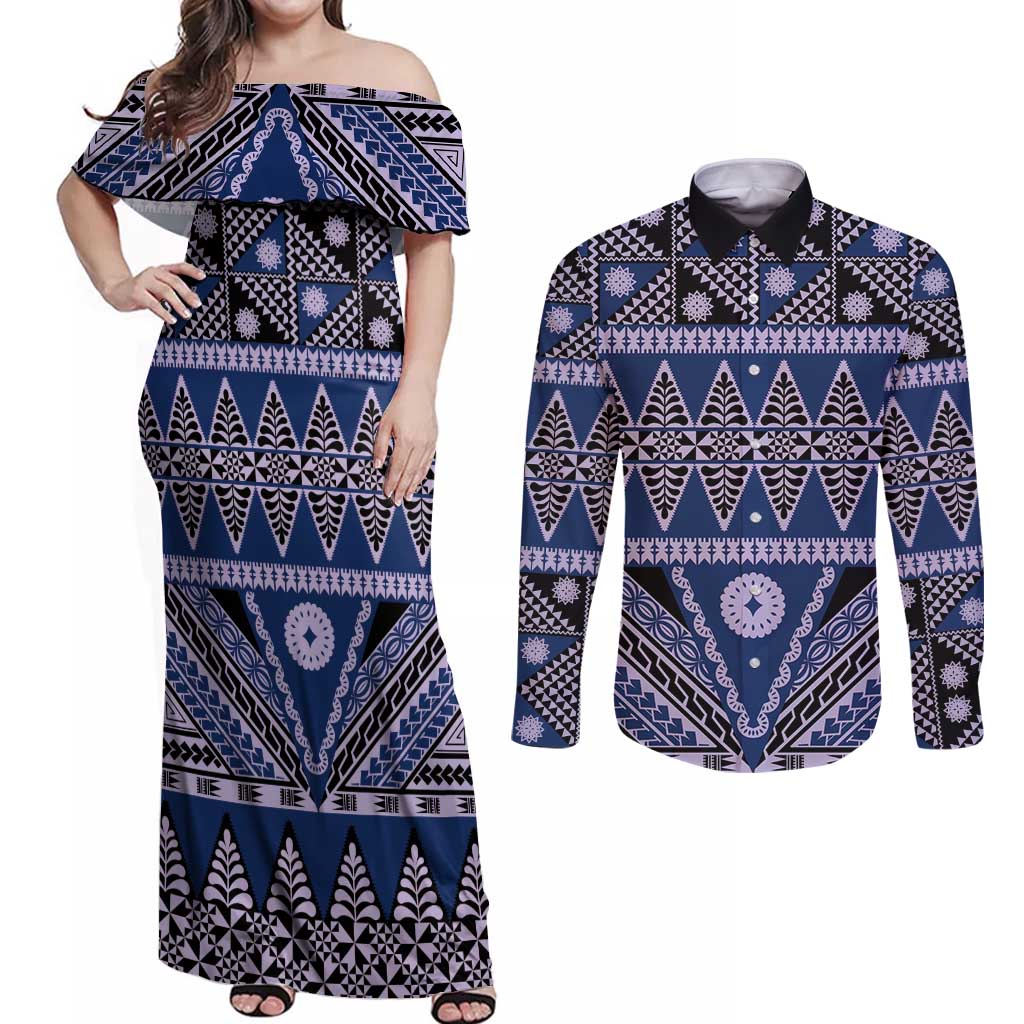 Vintage Bula Fiji Couples Matching Off Shoulder Maxi Dress and Long Sleeve Button Shirt Prussian Blue Tapa Masi Motif
