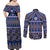 Vintage Bula Fiji Couples Matching Off Shoulder Maxi Dress and Long Sleeve Button Shirt Prussian Blue Tapa Masi Motif