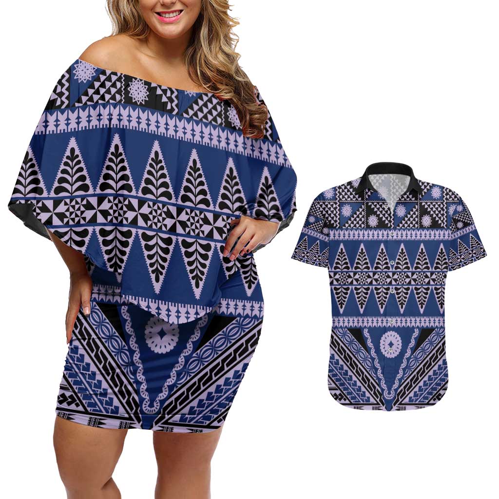 Vintage Bula Fiji Couples Matching Off Shoulder Short Dress and Hawaiian Shirt Prussian Blue Tapa Masi Motif