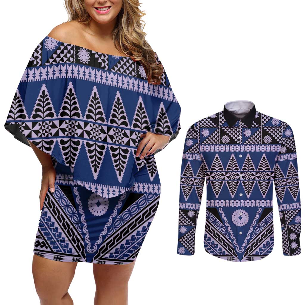 Vintage Bula Fiji Couples Matching Off Shoulder Short Dress and Long Sleeve Button Shirt Prussian Blue Tapa Masi Motif