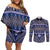 Vintage Bula Fiji Couples Matching Off Shoulder Short Dress and Long Sleeve Button Shirt Prussian Blue Tapa Masi Motif