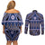 Vintage Bula Fiji Couples Matching Off Shoulder Short Dress and Long Sleeve Button Shirt Prussian Blue Tapa Masi Motif