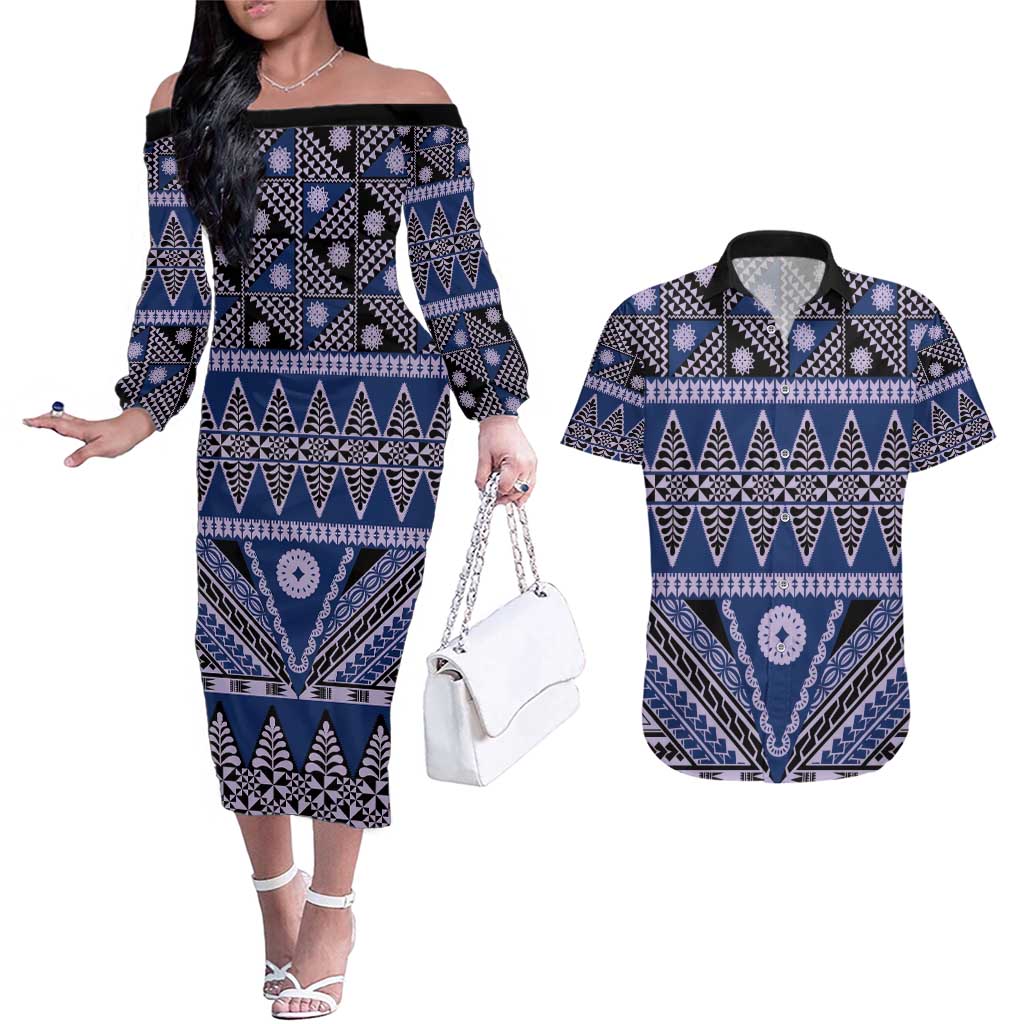 Vintage Bula Fiji Couples Matching Off The Shoulder Long Sleeve Dress and Hawaiian Shirt Prussian Blue Tapa Masi Motif