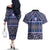 Vintage Bula Fiji Couples Matching Off The Shoulder Long Sleeve Dress and Hawaiian Shirt Prussian Blue Tapa Masi Motif