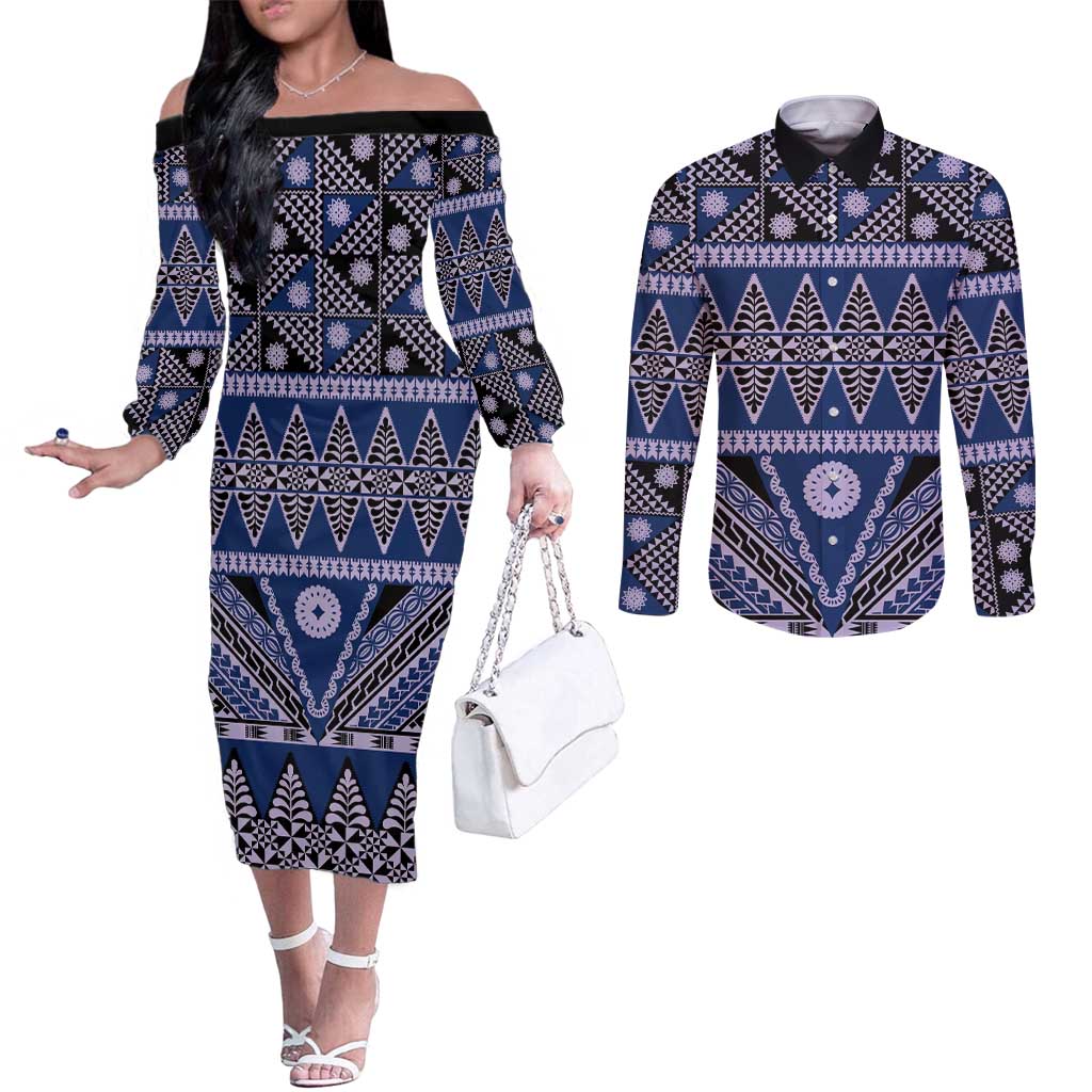 Vintage Bula Fiji Couples Matching Off The Shoulder Long Sleeve Dress and Long Sleeve Button Shirt Prussian Blue Tapa Masi Motif
