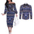 Vintage Bula Fiji Couples Matching Off The Shoulder Long Sleeve Dress and Long Sleeve Button Shirt Prussian Blue Tapa Masi Motif