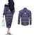 Vintage Bula Fiji Couples Matching Off The Shoulder Long Sleeve Dress and Long Sleeve Button Shirt Prussian Blue Tapa Masi Motif