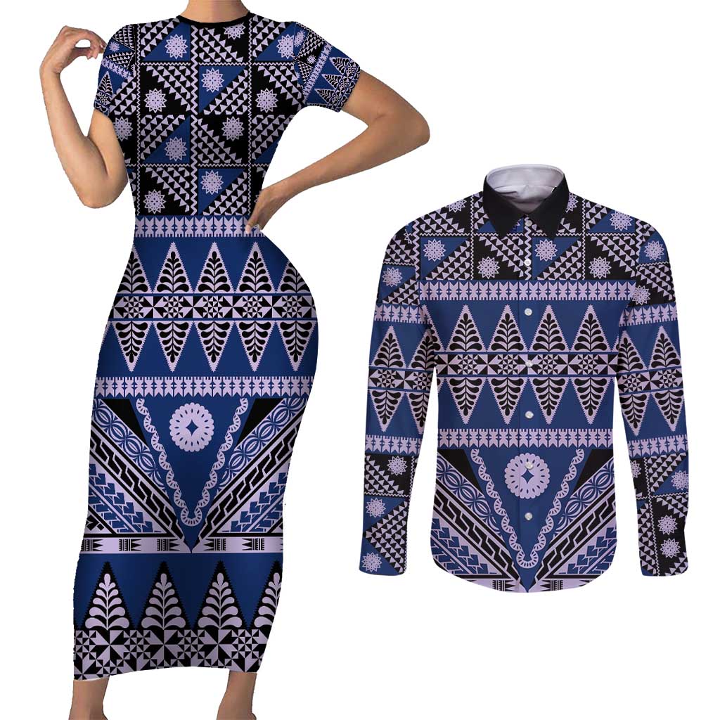 Vintage Bula Fiji Couples Matching Short Sleeve Bodycon Dress and Long Sleeve Button Shirt Prussian Blue Tapa Masi Motif