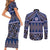 Vintage Bula Fiji Couples Matching Short Sleeve Bodycon Dress and Long Sleeve Button Shirt Prussian Blue Tapa Masi Motif