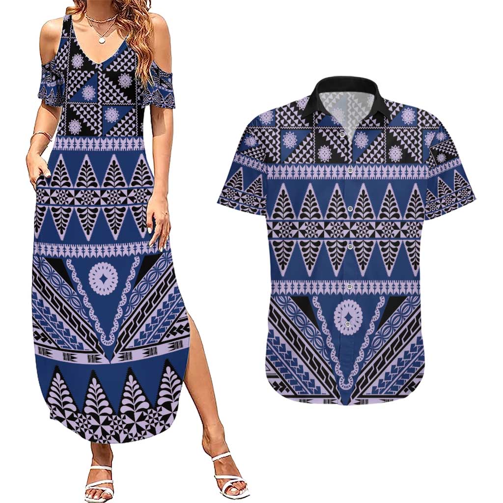 Vintage Bula Fiji Couples Matching Summer Maxi Dress and Hawaiian Shirt Prussian Blue Tapa Masi Motif