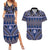 Vintage Bula Fiji Couples Matching Summer Maxi Dress and Hawaiian Shirt Prussian Blue Tapa Masi Motif
