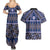 Vintage Bula Fiji Couples Matching Summer Maxi Dress and Hawaiian Shirt Prussian Blue Tapa Masi Motif