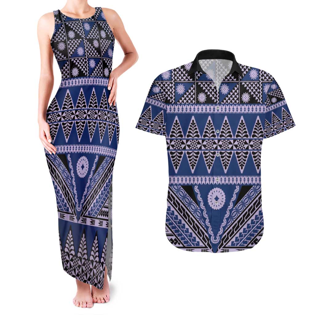 Vintage Bula Fiji Couples Matching Tank Maxi Dress and Hawaiian Shirt Prussian Blue Tapa Masi Motif
