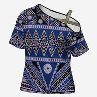 Vintage Bula Fiji Cross Shoulder Shirt Prussian Blue Tapa Masi Motif - Polynesian Pride