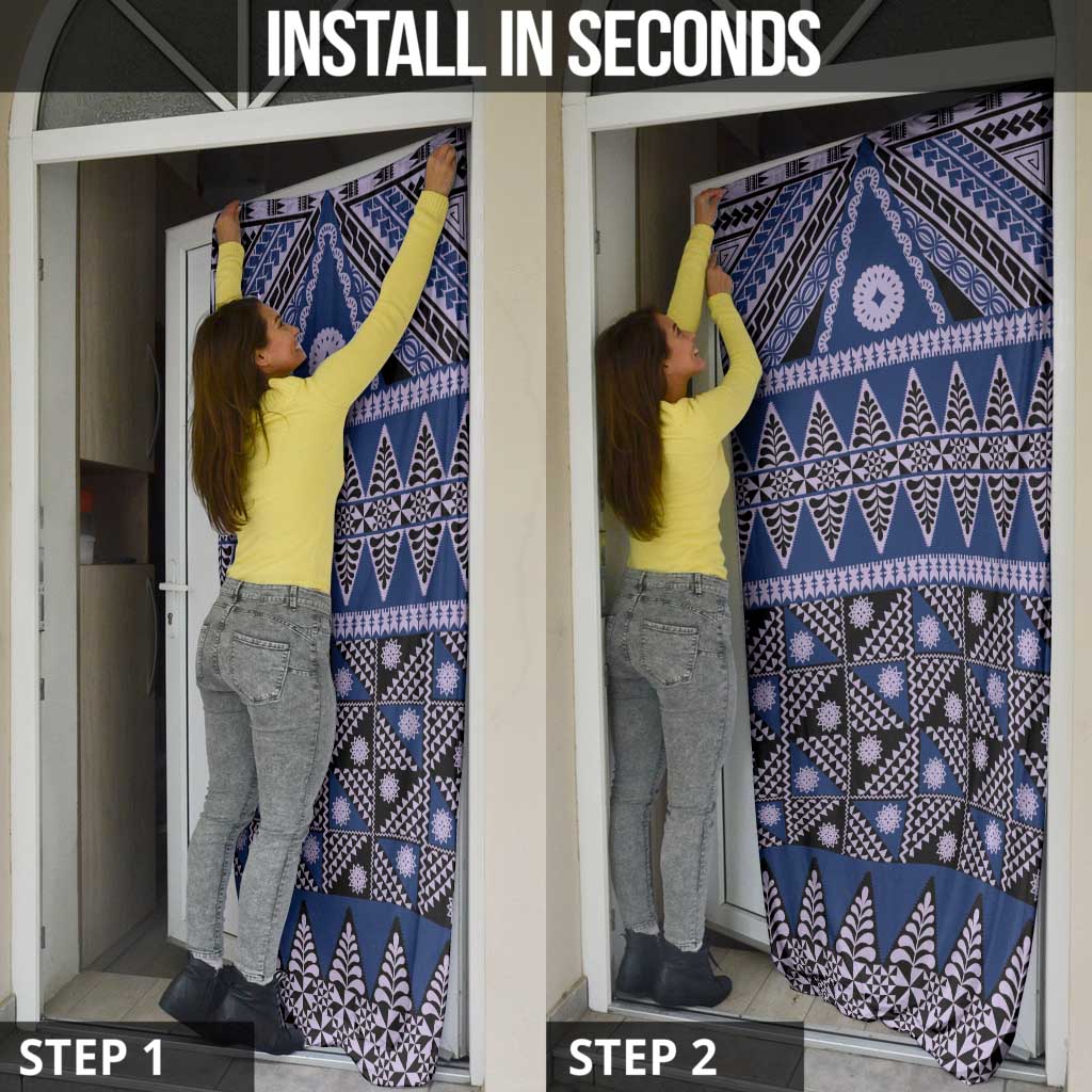 Vintage Bula Fiji Door Cover Prussian Blue Tapa Masi Motif - Polynesian Pride