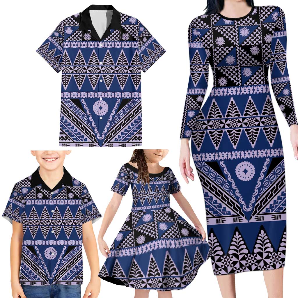 Vintage Bula Fiji Family Matching Long Sleeve Bodycon Dress and Hawaiian Shirt Prussian Blue Tapa Masi Motif