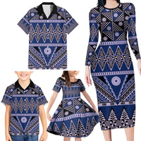 Vintage Bula Fiji Family Matching Long Sleeve Bodycon Dress and Hawaiian Shirt Prussian Blue Tapa Masi Motif