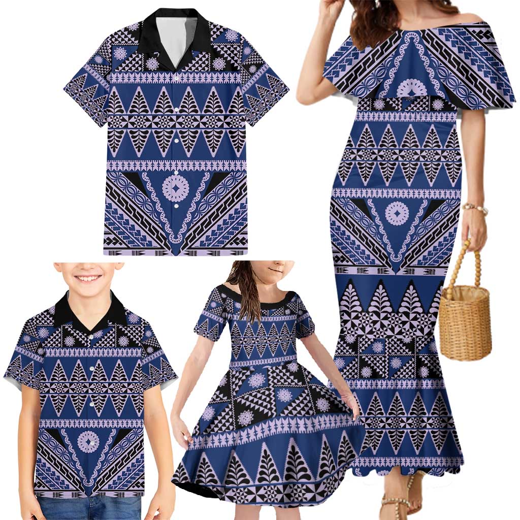 Vintage Bula Fiji Family Matching Mermaid Dress and Hawaiian Shirt Prussian Blue Tapa Masi Motif