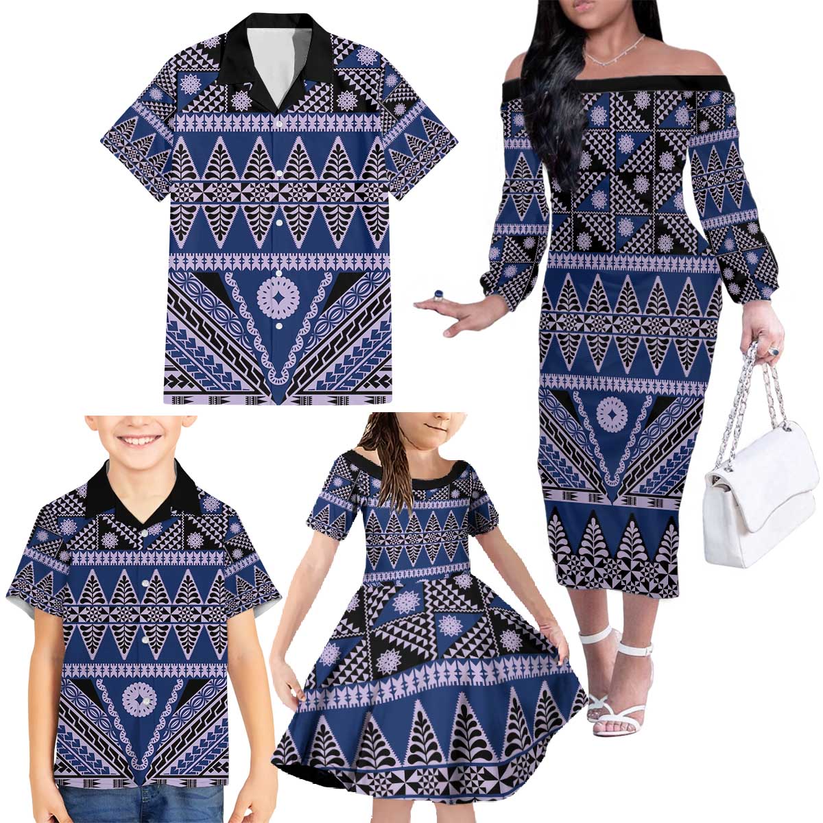 Vintage Bula Fiji Family Matching Off The Shoulder Long Sleeve Dress and Hawaiian Shirt Prussian Blue Tapa Masi Motif