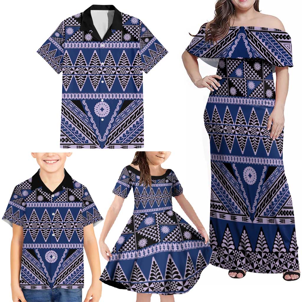 Vintage Bula Fiji Family Matching Off Shoulder Maxi Dress and Hawaiian Shirt Prussian Blue Tapa Masi Motif