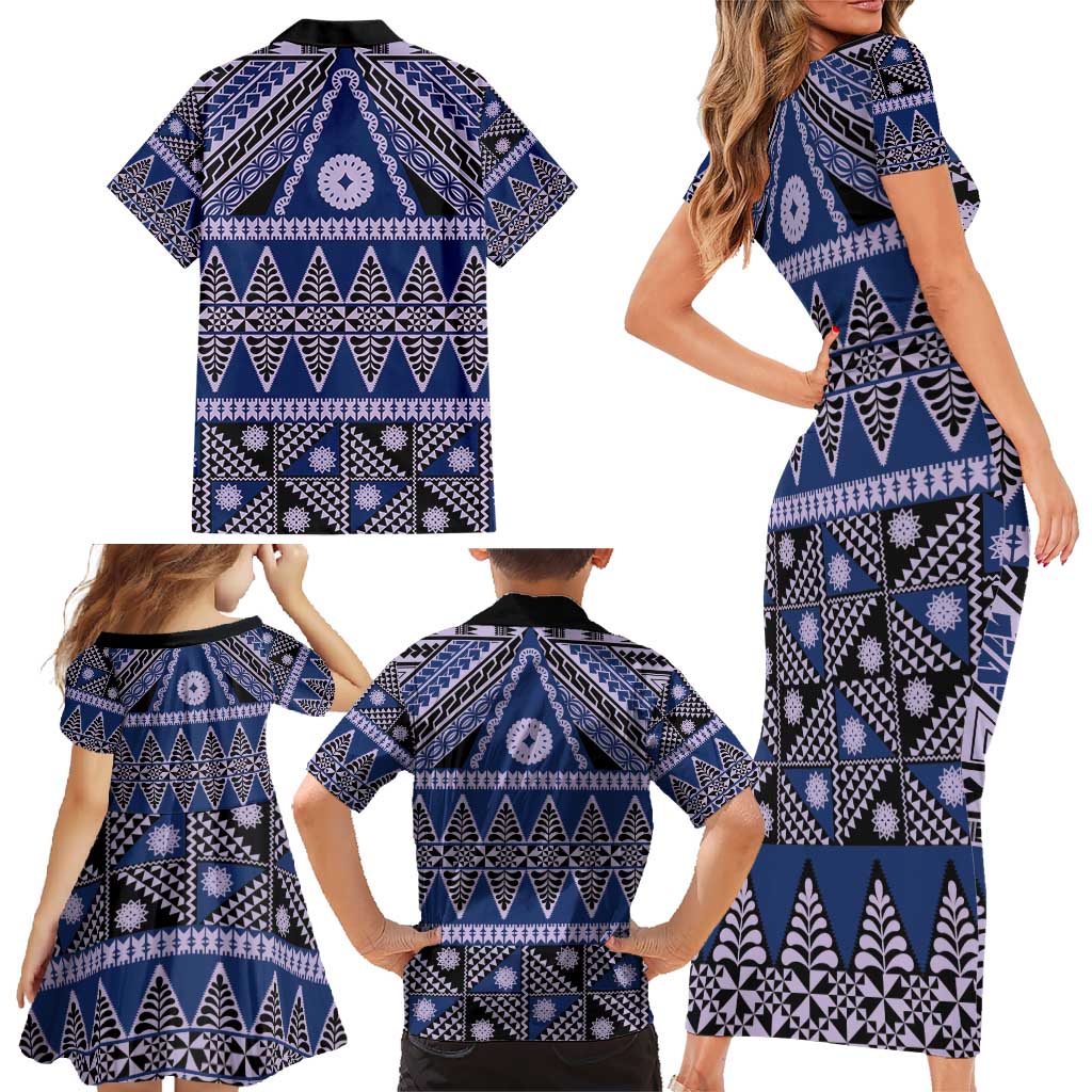 Vintage Bula Fiji Family Matching Short Sleeve Bodycon Dress and Hawaiian Shirt Prussian Blue Tapa Masi Motif